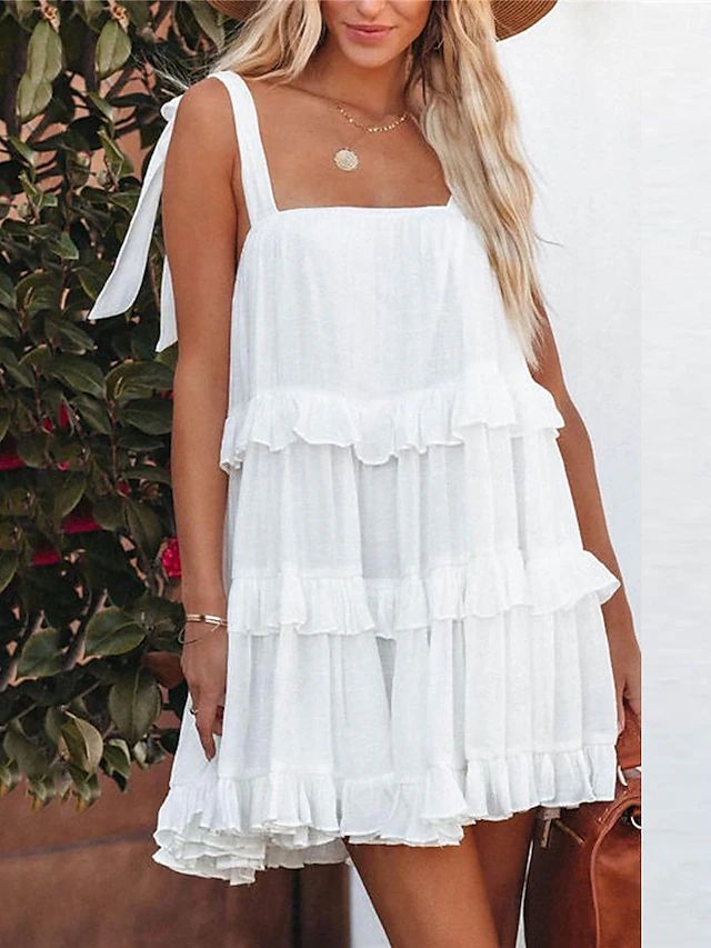 Women's White Dress Mini Dress Ruffle Backless Date Vacation Streetwear Strap Sleeveless Black Wh... | Lightinthebox