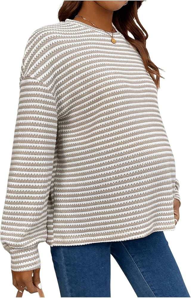 Women's Maternity Striped T Shirts Long Sleeve Crew Neck Drop Shoulder Fall Tops Maternity Clothe... | Amazon (US)