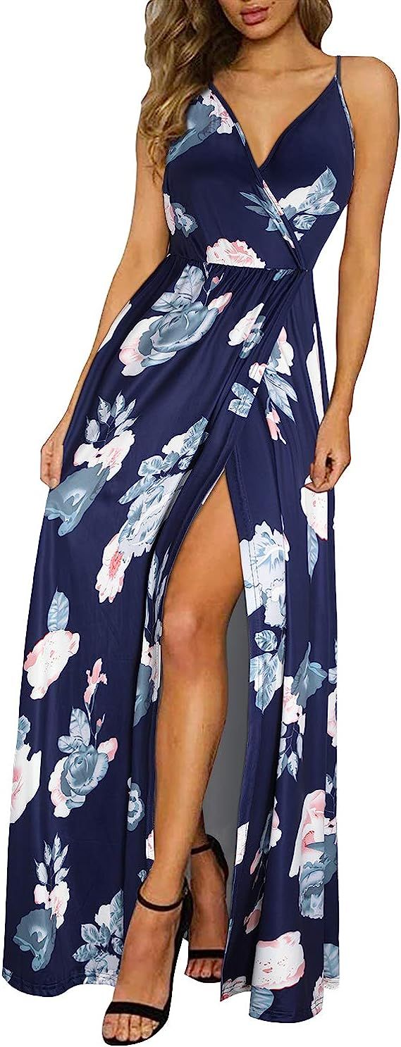 II ININ Women's Deep V-Neck Casual Dress Summer Backless Floral Print/Solid Split Maxi Dress for ... | Amazon (US)