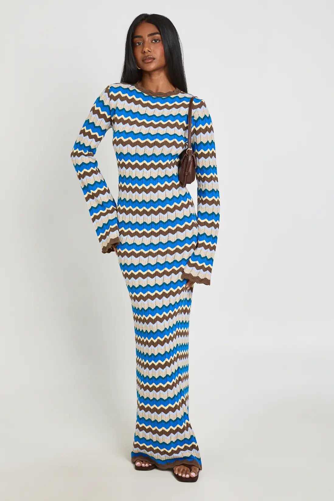 Blue boohoo Knitted Stripe Long Sleeve Maxi Dress | PrettyLittleThing USA | PrettyLittleThing US