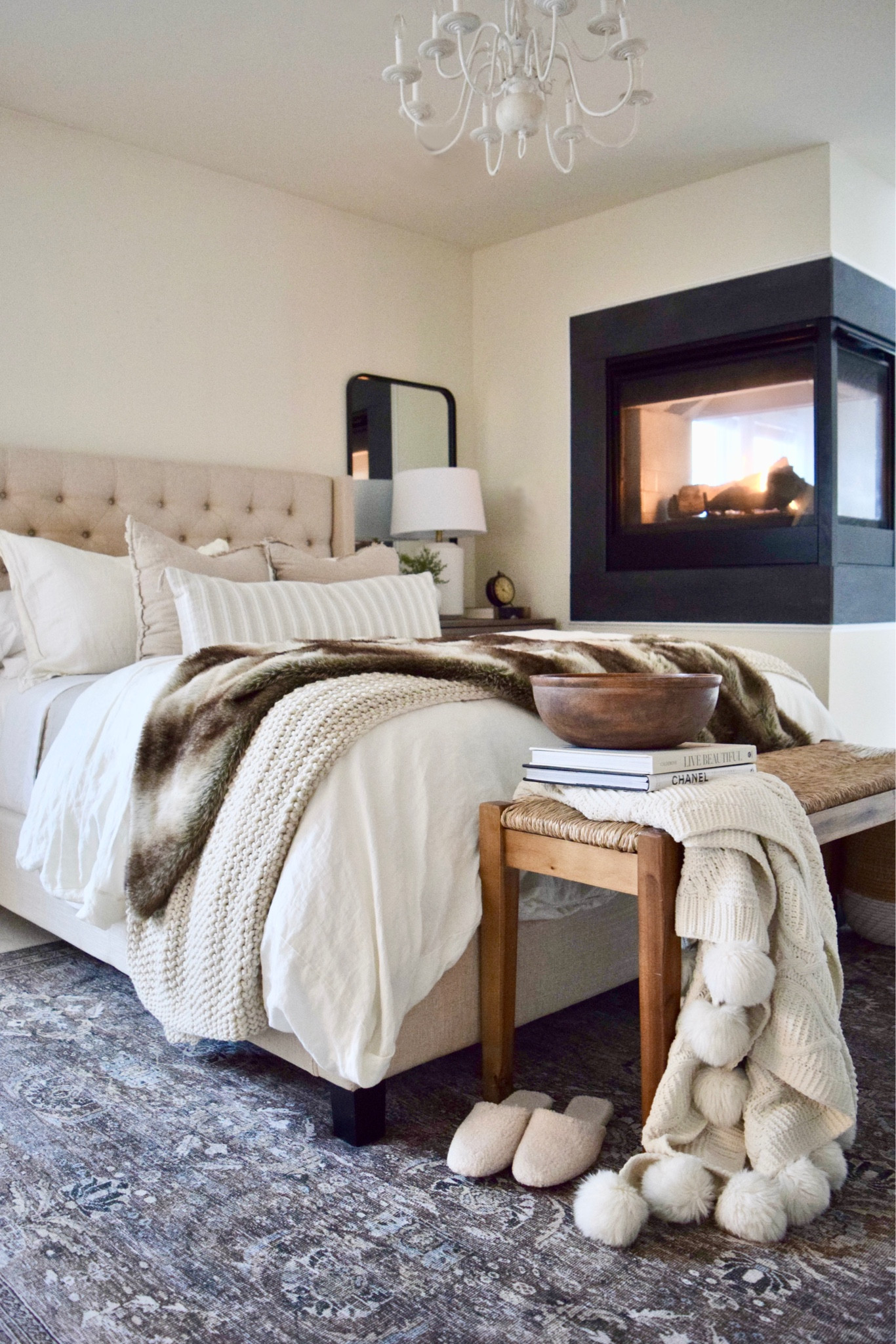 Cozy neutral winter bedroom
Cozy Winter Bedroom 
Bedroom, master bedroom, neutral bedroom, bedroom decor, cozy home, winter decor, cozy bedroom, winter decorating, organic modern, transitional, modern farmhouse, fluffy puppy, warm and cozy, light and bright, winter, Loloi rugs, Loloi, studio McGee, neutral decor styles, bedroom refresh, refresh, fireplace insert, fireplace, bedroom fireplace, Home Depot, bedroom fireplace, bedroom fireplace insert, ltkrefresh #LTKRefresh 

#LTKSeasonal #LTKhome