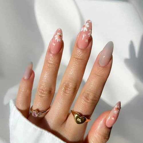 Flower Press on Nails Medium Almond Fake Nails Pink False Nails Press ons with Floral Print Designs Spring Acrylic Artificial Nails Full Cover Glue on Nails Stick on Nails for Women Manicure 24Pcs | Amazon (US)