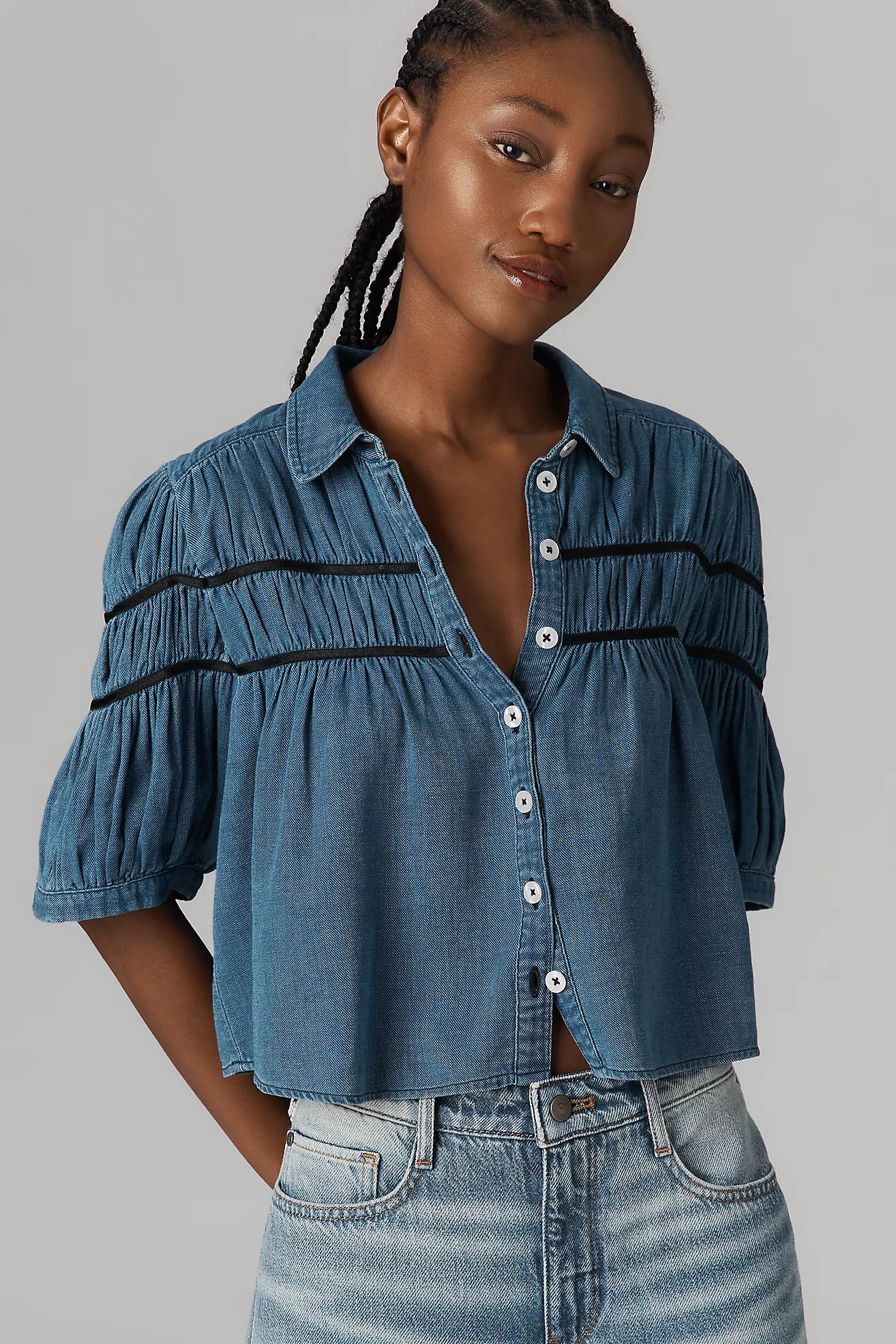 The Leandra Shirred Yoke Blouse by Maeve: Denim Edition | Anthropologie (US)