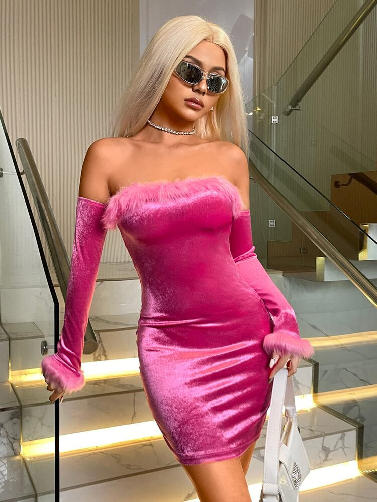 New
     
      SHEIN ICON Fuzzy Trim Off Shoulder Velvet Bodycon Dress | SHEIN