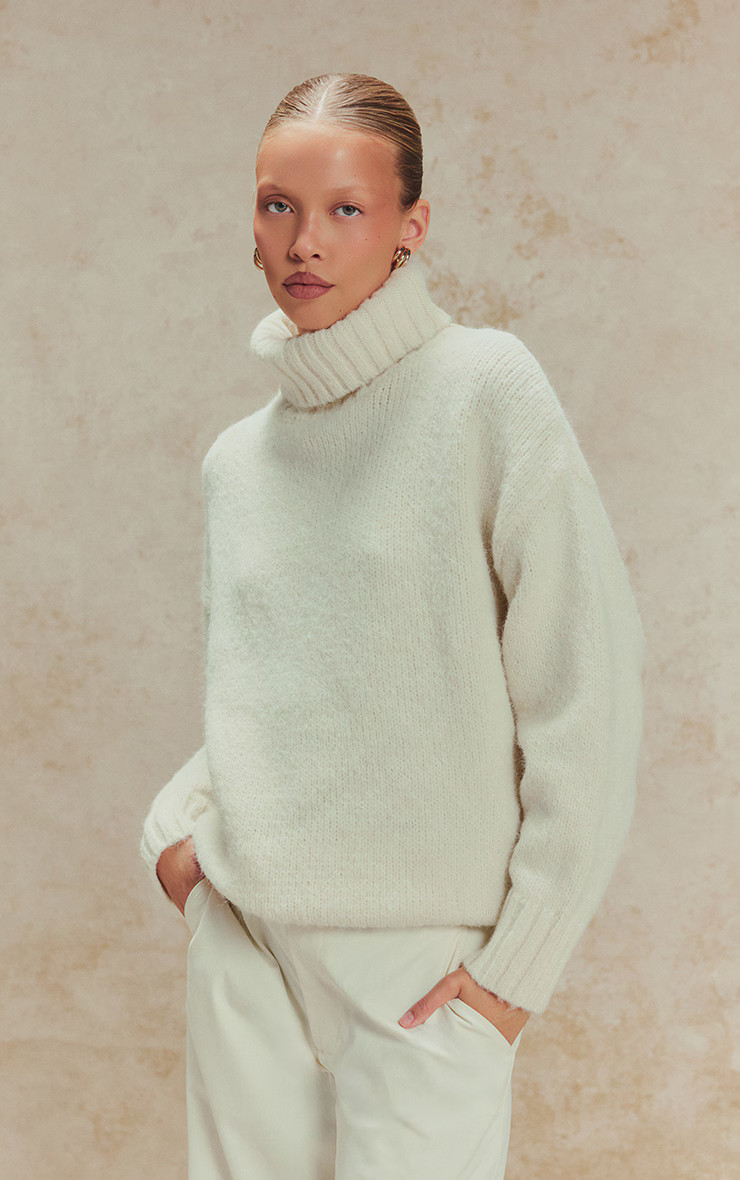 Cream Balloon Sleeve Roll Neck Oversized Jumper | PrettyLittleThing UK