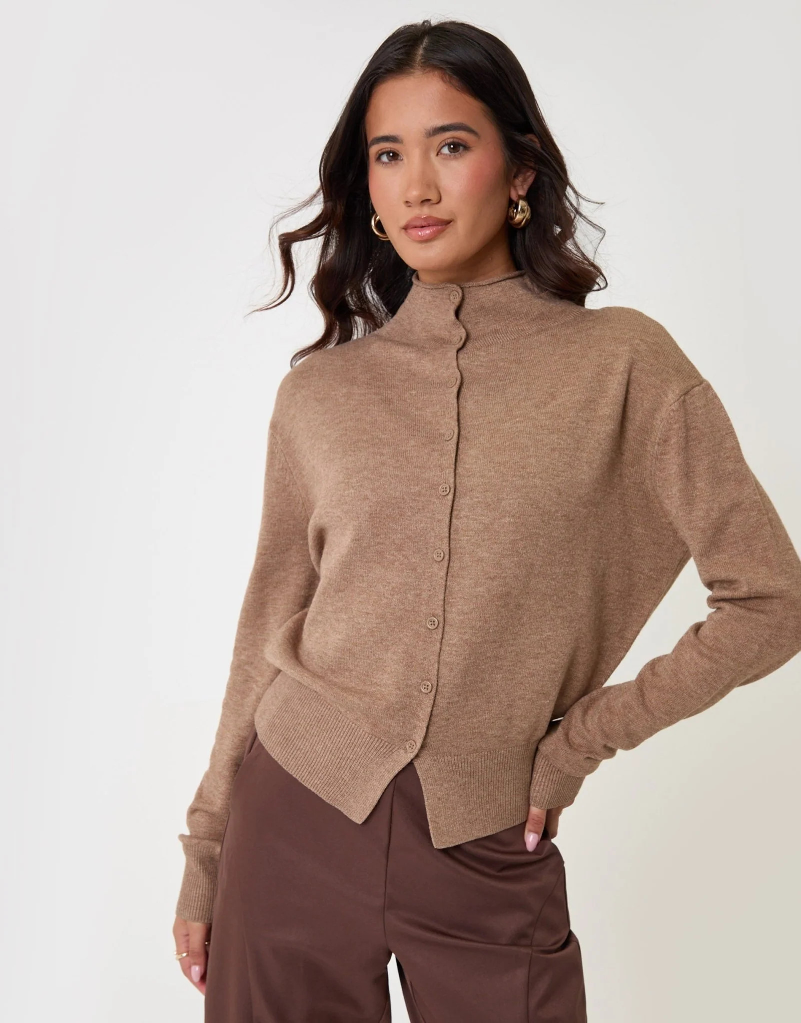 Compact Knit Funnel Neck Cardigan in Beige | Threadbare UK