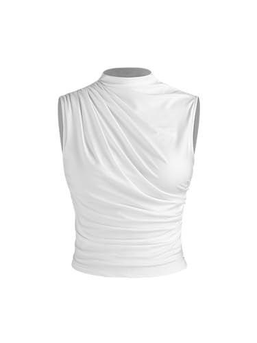 CIDER Asymmetrical High Neck Ruched Crop Top: White, S | Amazon (US)