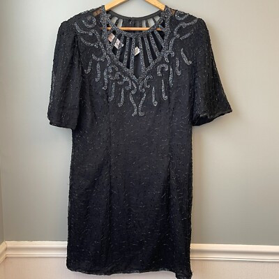 Laurence Kazar Vintage 80s Black Silk Beaded Dress Cocktail Party Dress 1X  | eBay | eBay US