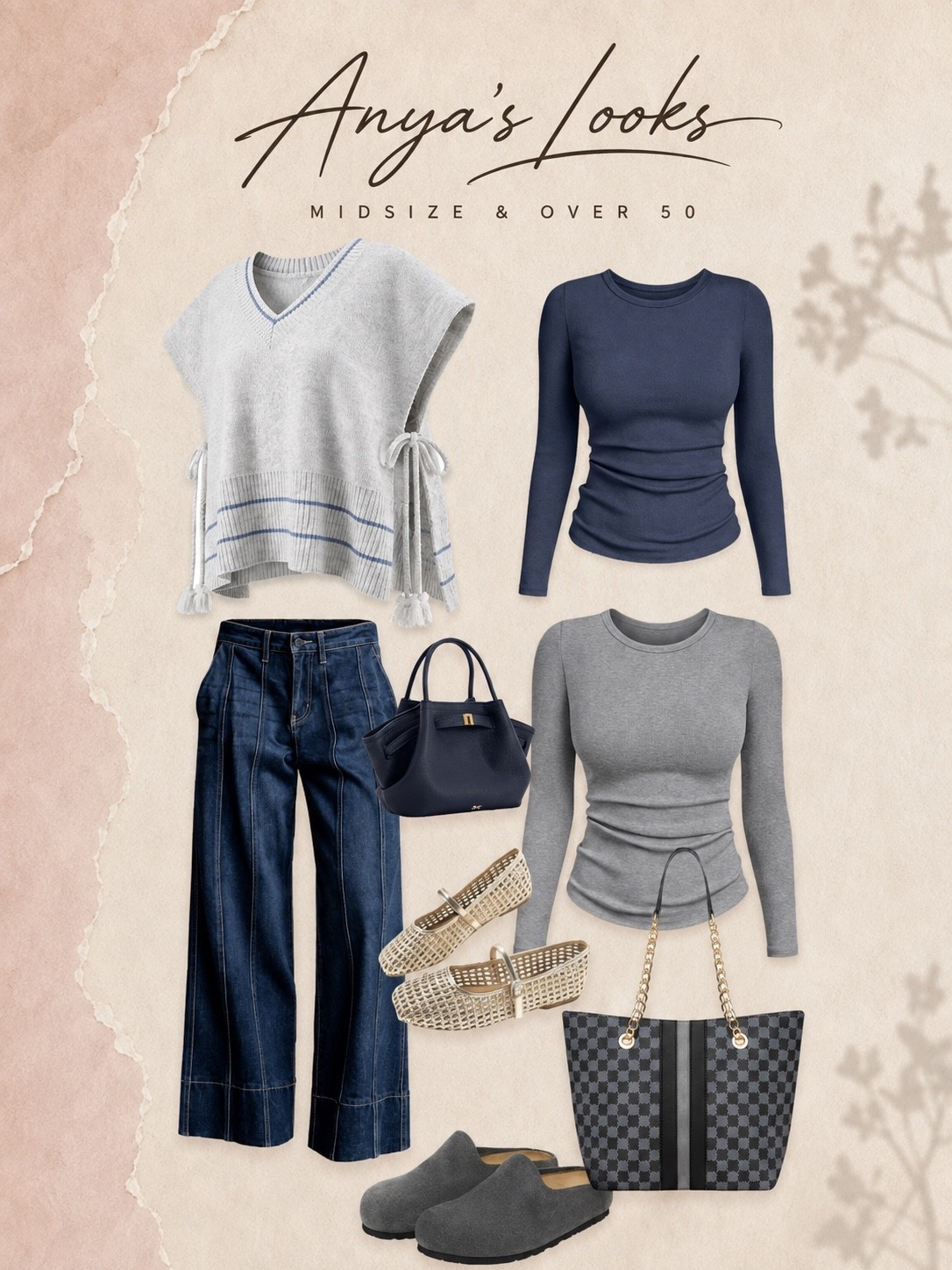 Cozy Transitional Outfit Ideas for Fall
Two easy ways to style a soft sweater vest for early fall. Pair it with dark wide-leg jeans, a fitted navy or gray layering top, woven Mary Jane flats, comfortable suede clogs and polished everyday bags. A comfortable, elevated collection for midsize women over 50.