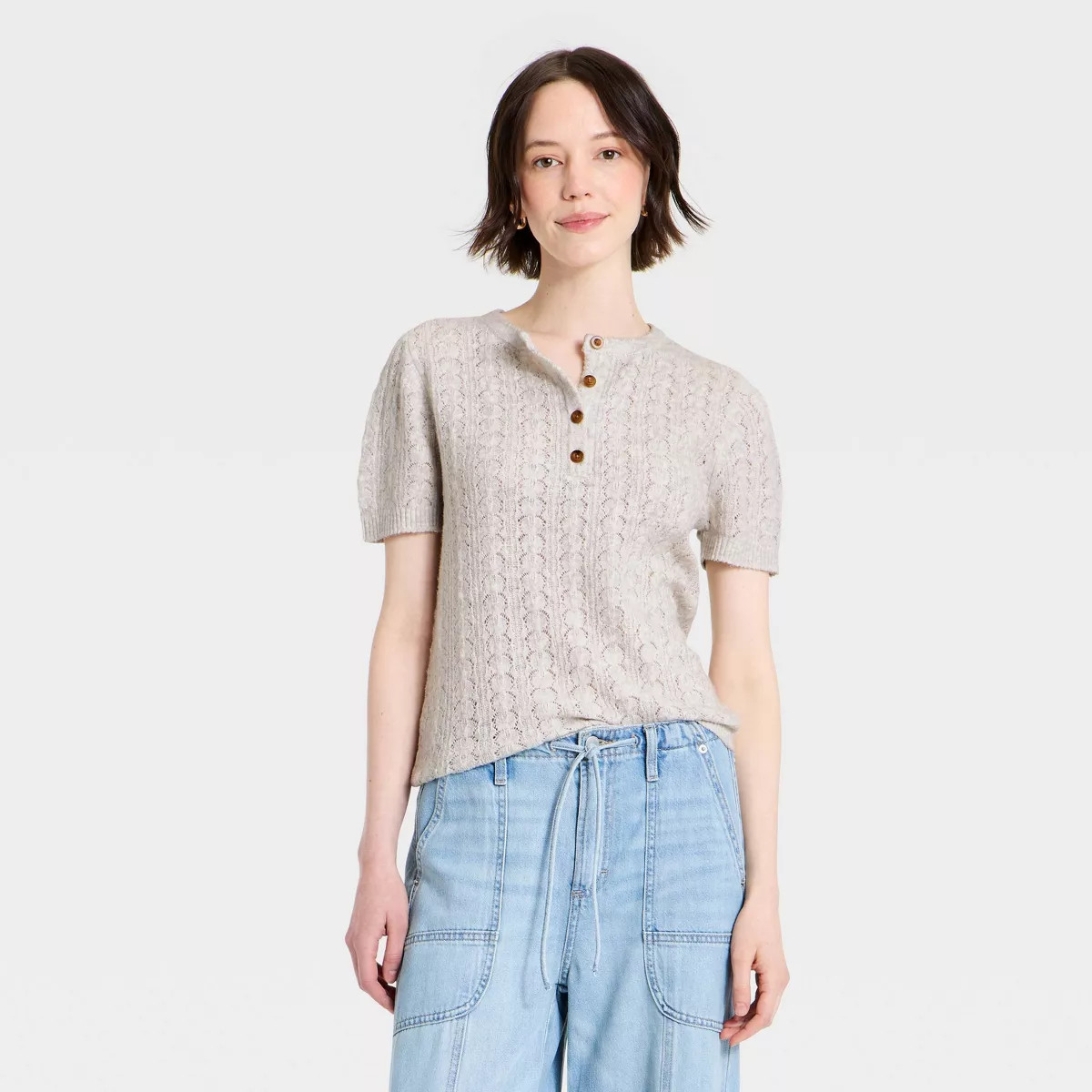 Women's Short Sleeve Heirloom Henley Pullover Sweater - Universal Thread\u2122 Heather Gray XS | Target