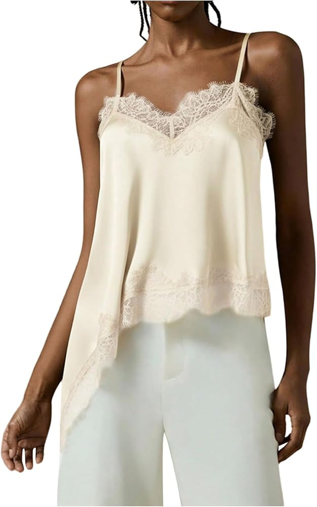 GORGLITTER Women's Lace Trim Cami Tops Y2k Asymmetrical Hem Spaghetti Strap Sexy Loose Tank Top V... | Amazon (US)
