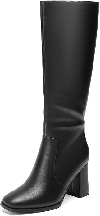 Wide Calf Knee High Boots for Women Square Toe 3.5-Inch Chunky Heel Tall Boots Side Zipper Long B... | Amazon (US)