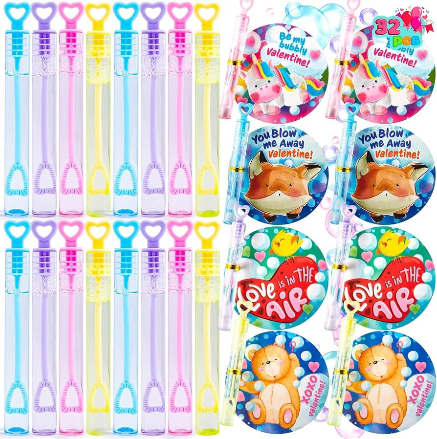 JOYIN 32 Pcs Valentines Day Gift Cards with Mini Bubble Maker Wands for Kids, Valentine Party Fav... | Amazon (US)