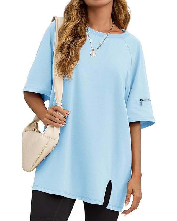 Tankaneo Womens Oversized Workout Tshirts Split Hem Raglan Short Sleeve Tops Summer Casual Loose ... | Amazon (US)