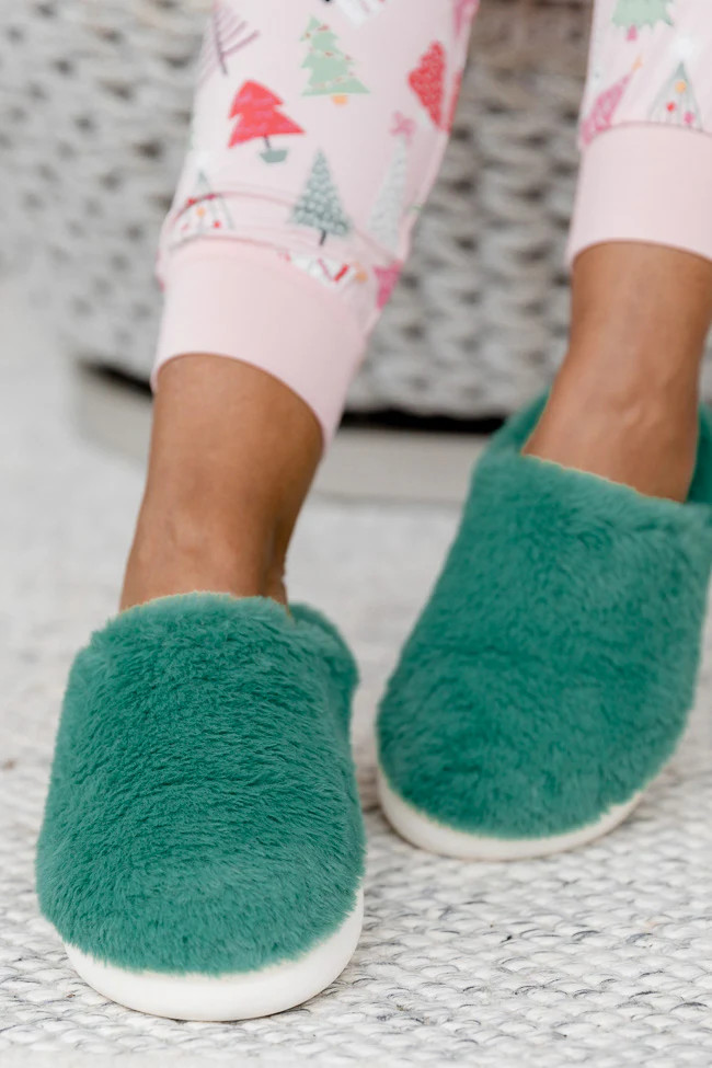 Fuzzy Solid Green Slippers | Pink Lily