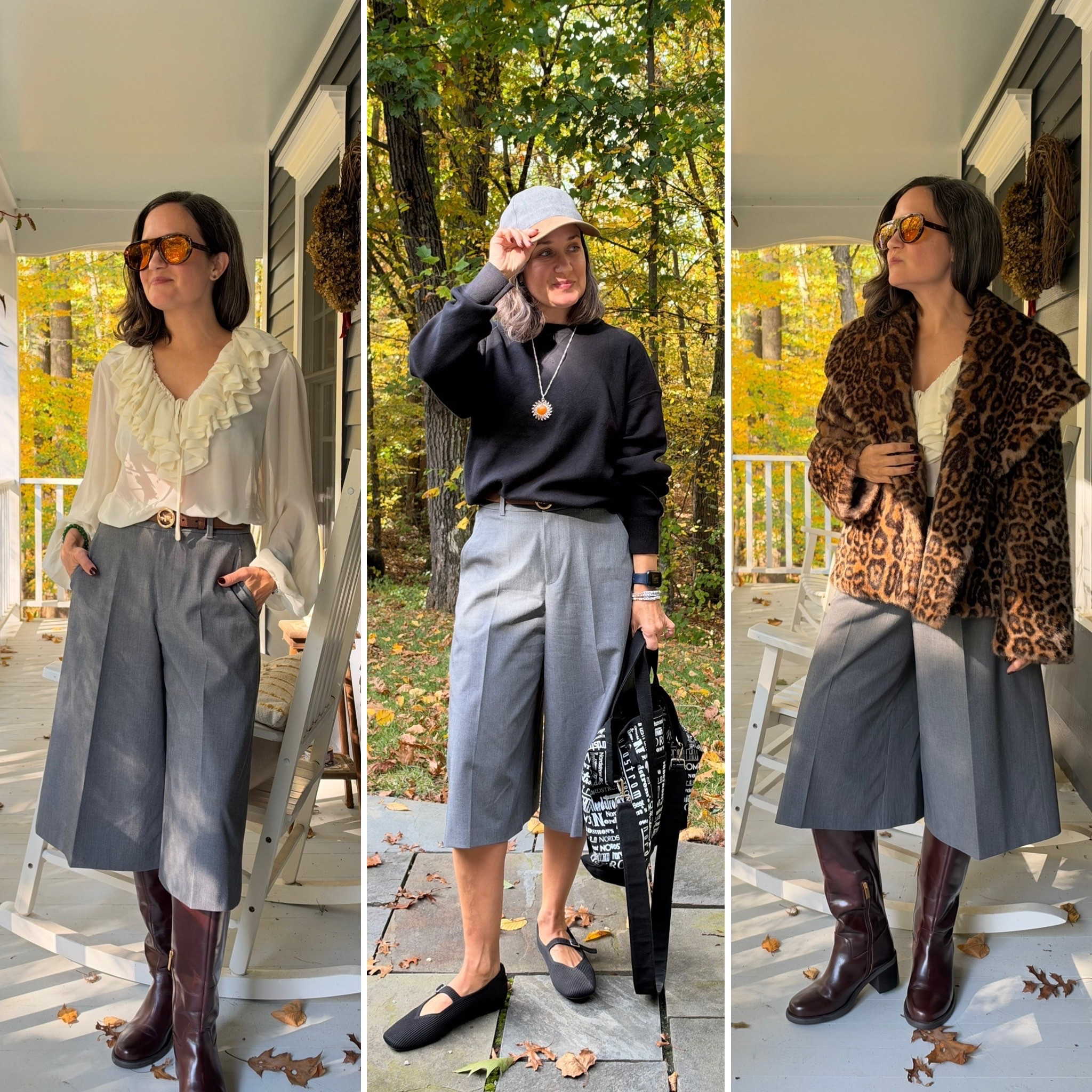 Recap of culottes three ways for autumn 🍂 
Fashion over 40, business casual outfit, mom style