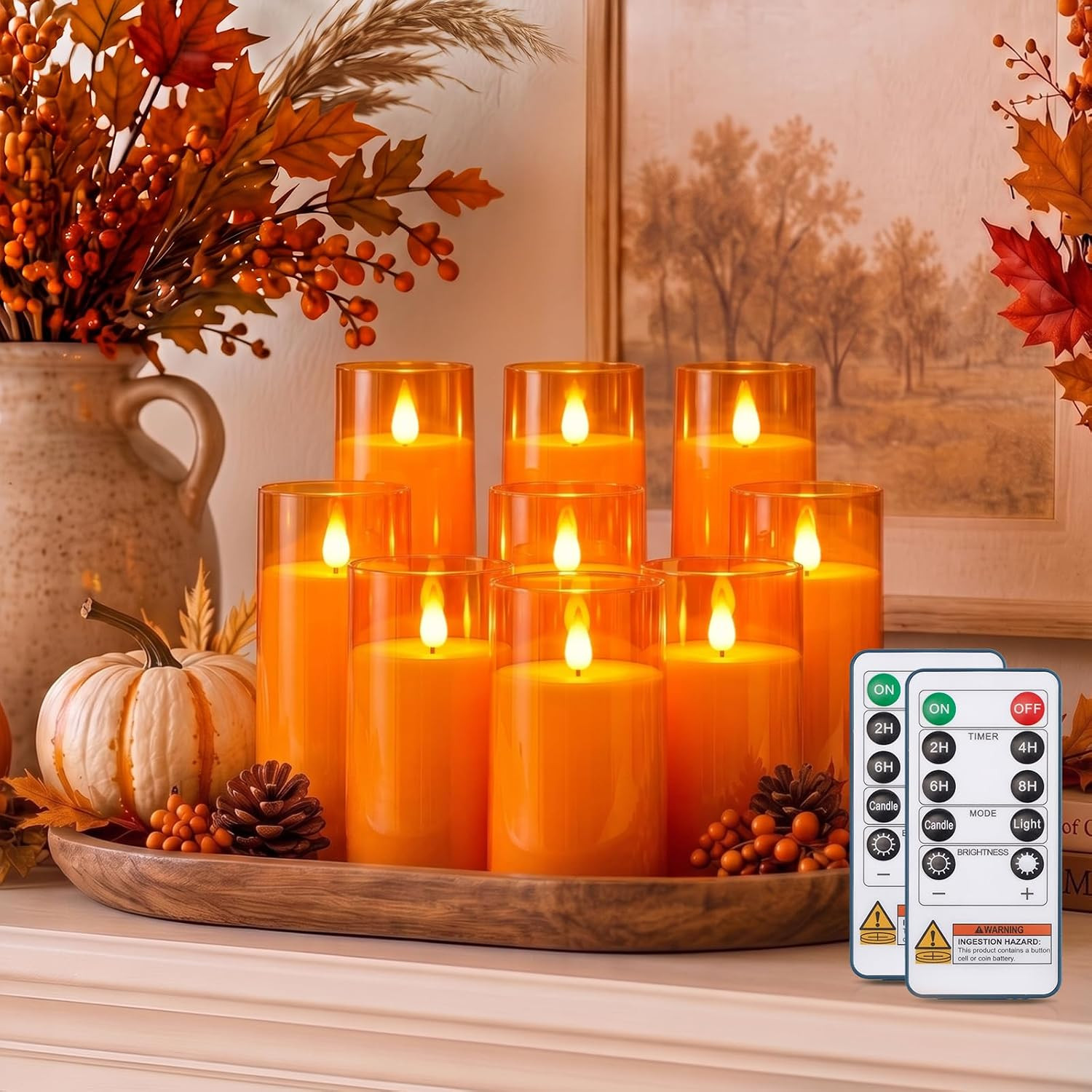 Homemory Halloween Orange Flameless Candles, Acrylic, Remote Timer, 9 Pack | Amazon (US)