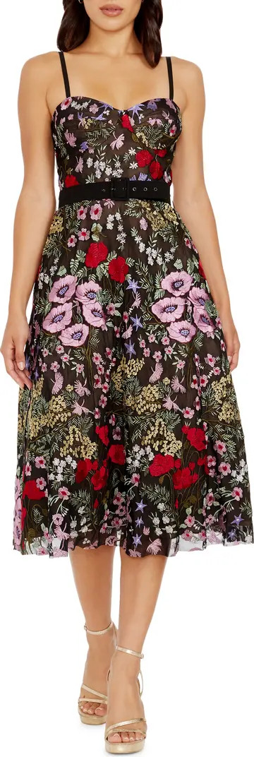 Carlita Floral Embroidery Bustier Midi Dress | Nordstrom