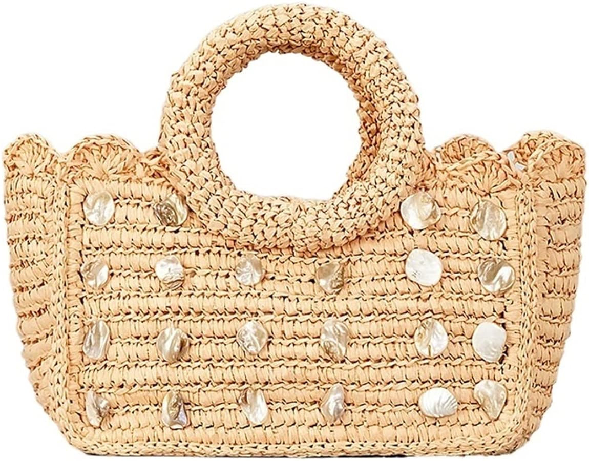 Women's Spring And Summer Hand-stitched Seashell Handbag, Straw Woven Beach Holiday Vegetable Bas... | Amazon (US)