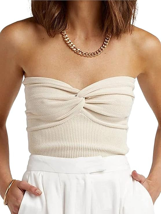 Aphrotiny Women's Sexy Strapless Crop Tops Cute Twist Knot Front Knit Sleeveless Backless Going O... | Amazon (CA)