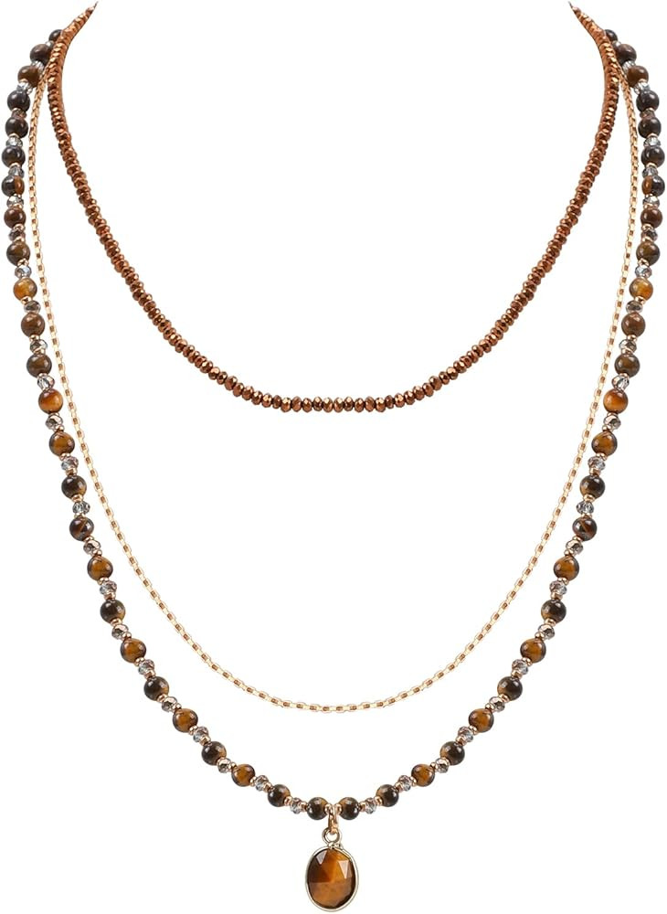 Bohemian Beaded Choker Necklace for Women Girls Multilayered Natural Stone Beads Necklace with St... | Amazon (US)