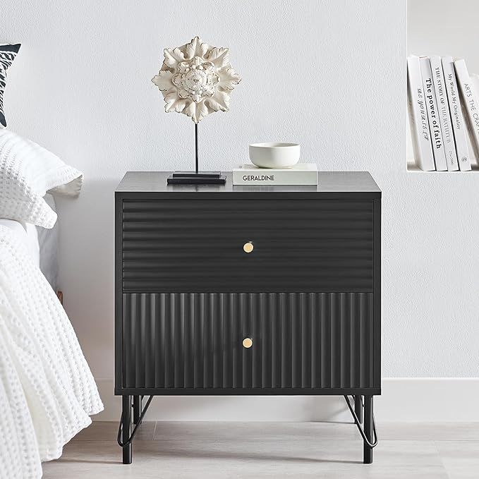 Fluted NightStand, Black End Table Bedside Table with Two Drawers, Fluted Side Table for Bedroom,... | Amazon (US)