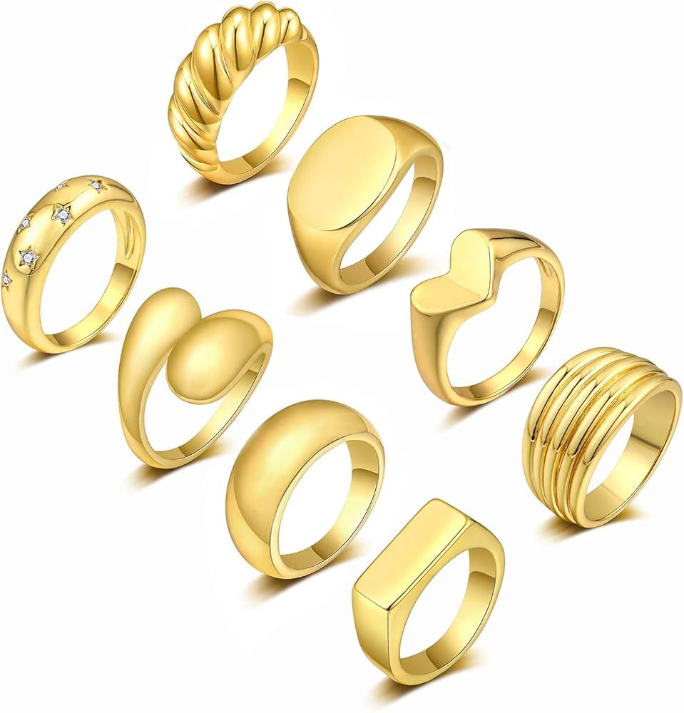 Honsny 8PCS Thick Dome Chunky Rings for Women Girls 18K Gold Plated Twisted Ring Minimalist State... | Amazon (US)