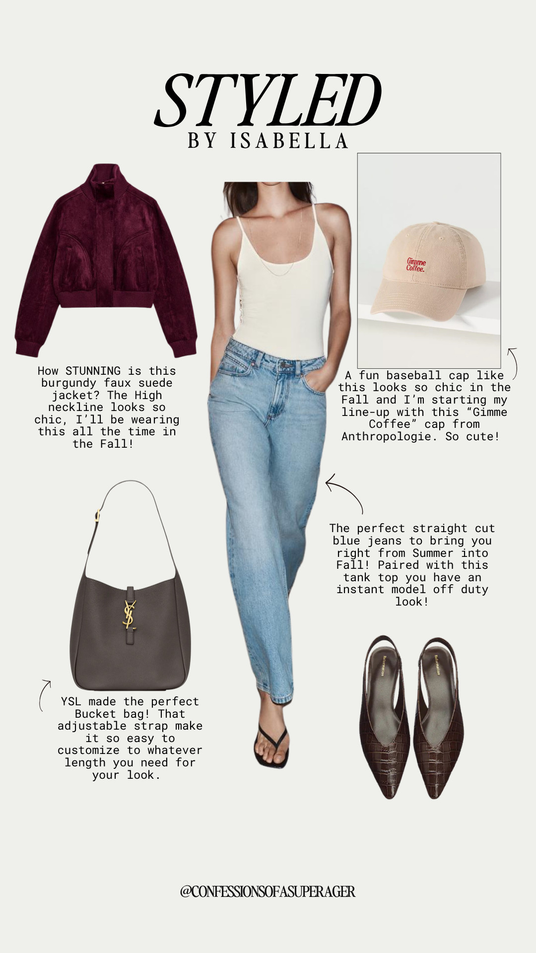 The perfect effortless fall outfit 🍂 A classic white tank and straight-leg jeans get an instant style upgrade with a rich burgundy suede jacket, chic baseball cap, statement bucket bag, and sleek pointed-toe flats. This is my go-to formula for an easy, polished summer-to-fall transition look—tap to shop the full outfit! ✨ #FallFashion #FallOutfit #SummerToFallStyle #StraightLegJeans #SuedeJacket #CasualChic #EffortlessStyle #ClassicStyle #Over50Fashion #FashionOver50 #AgelessStyle #LTKStyle #LTKFashion #LTKFinds #ConfessionsOfASuperAger

#LTKSeasonal #LTKOver40 #LTKSaleAlert