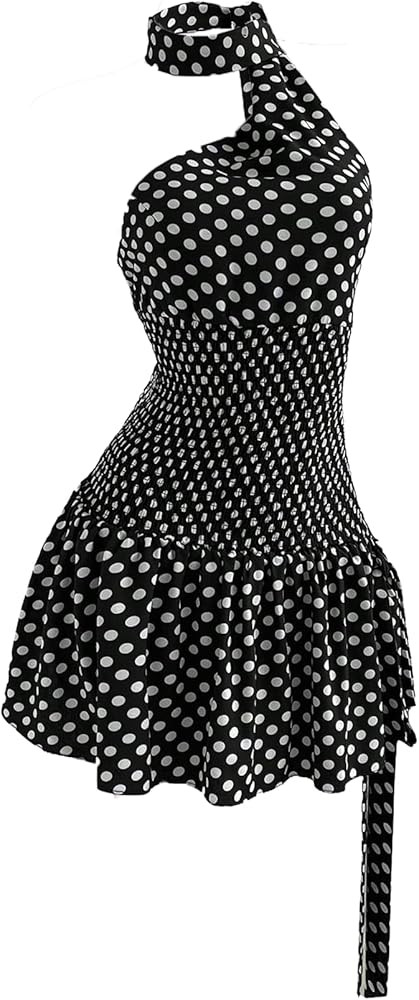 WDIRARA Women's Polka Dots Halter Dress Wrap Asymmetrical Sleeveless Smocked Ruffle A Line Short ... | Amazon (US)