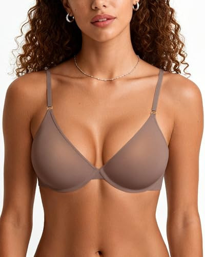 OEAK Womens Unlined Underwire Bras Sheer Mesh Plunge Bralette Push Up Balconette Bra Triangle Minimizer Seamless Tshirt Bras Grey Purple 36C | Amazon (US)