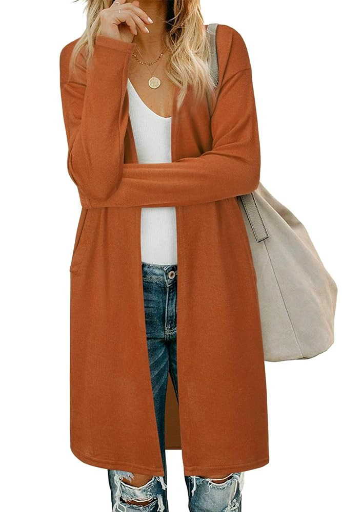 OUGES Women's Open Front Cardigan Shirt with Pockets Long Sleeve Lightweight Coat | Amazon (US)