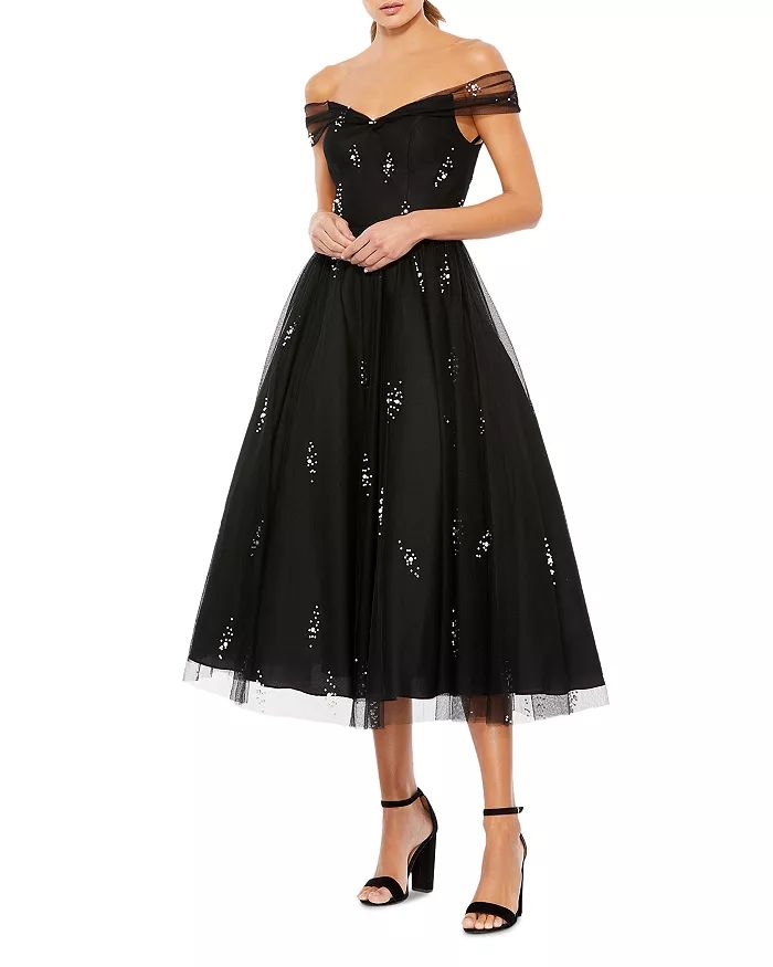 Off The Shoulder Beaded Fit and Flare Dress | Bloomingdale's (US)