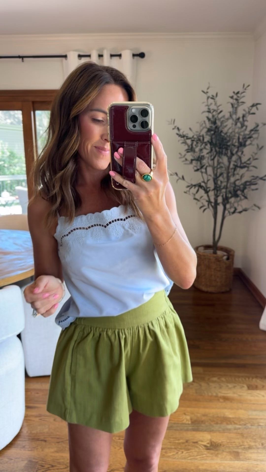 Green linen look shorts! 
Love them paired with this pale blue tank. 
Summer classic. 
XS tank
XS shorts

#LTKootd #LTKOver40