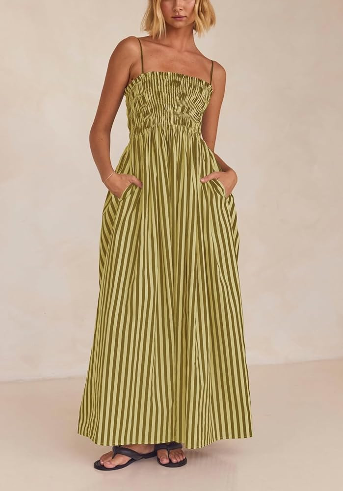 KMBANGI Women Striped Sleeveless Maxi Dress Swing Aline Midi Dress Backless Smocked Spaghetti Str... | Amazon (US)