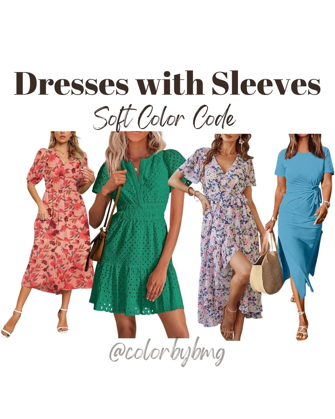 Soft Color Code Dresses
Colors:

1. Pink-a
2. Dark Green
3. Apricot Floral
4. Blue

Soft Summer
Soft Autumn 
