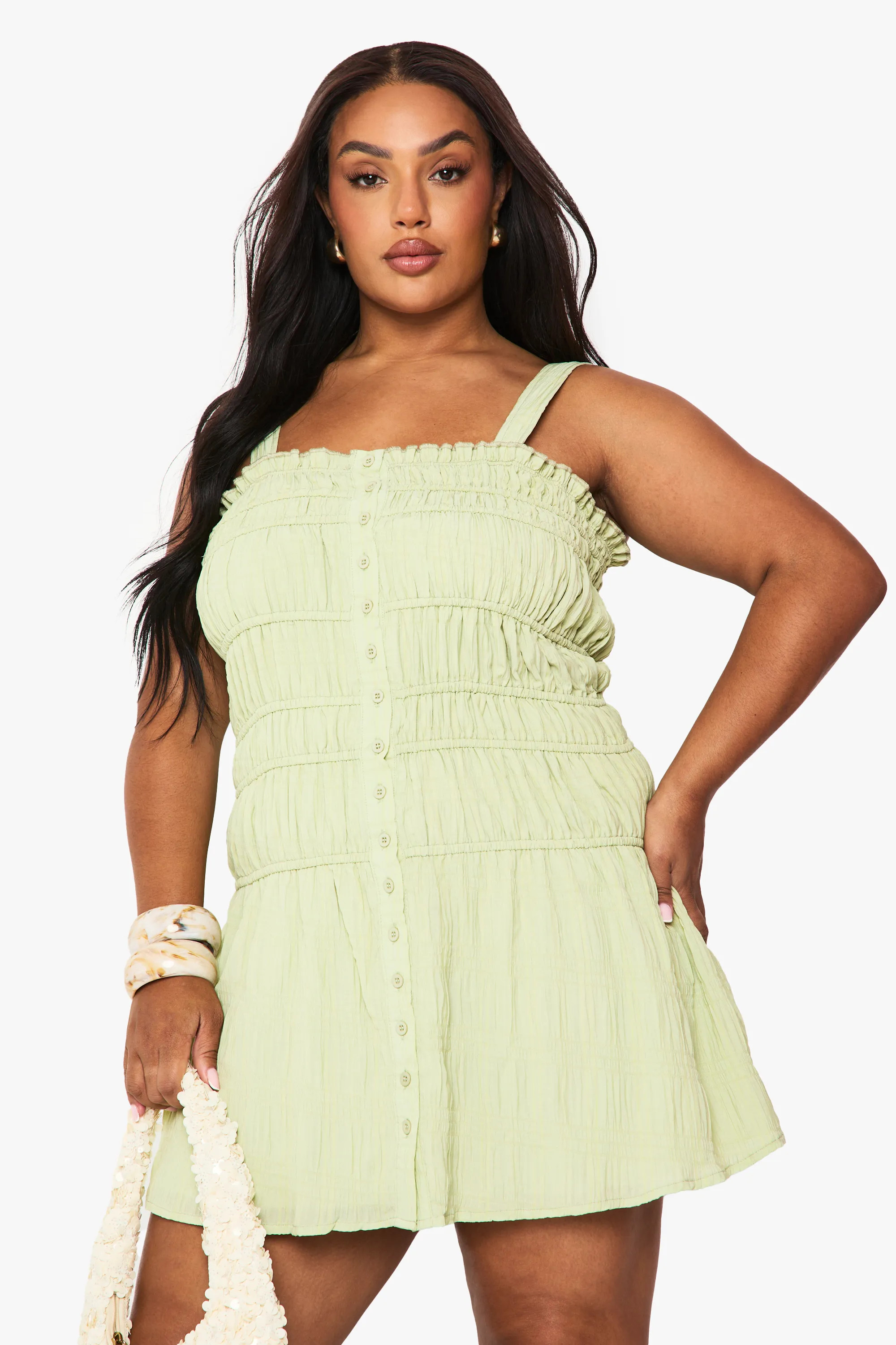 Lime Plus Strappy Shirred Skater Dress | Boohoo USA | boohoo (US & Canada)