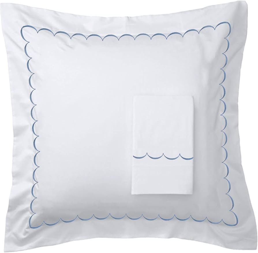 600 Thread Count Sateen Cotton Scallop Embroidered Euro Sham Covers Blue | Amazon (US)