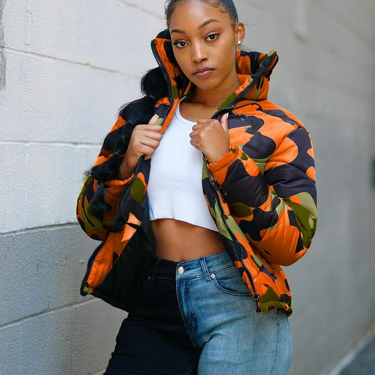 Lastesso Puff Jackets for Women Full Zipper Glossy Camouflage Bread Down Jacket Long Sleeve Pocke... | Walmart (US)