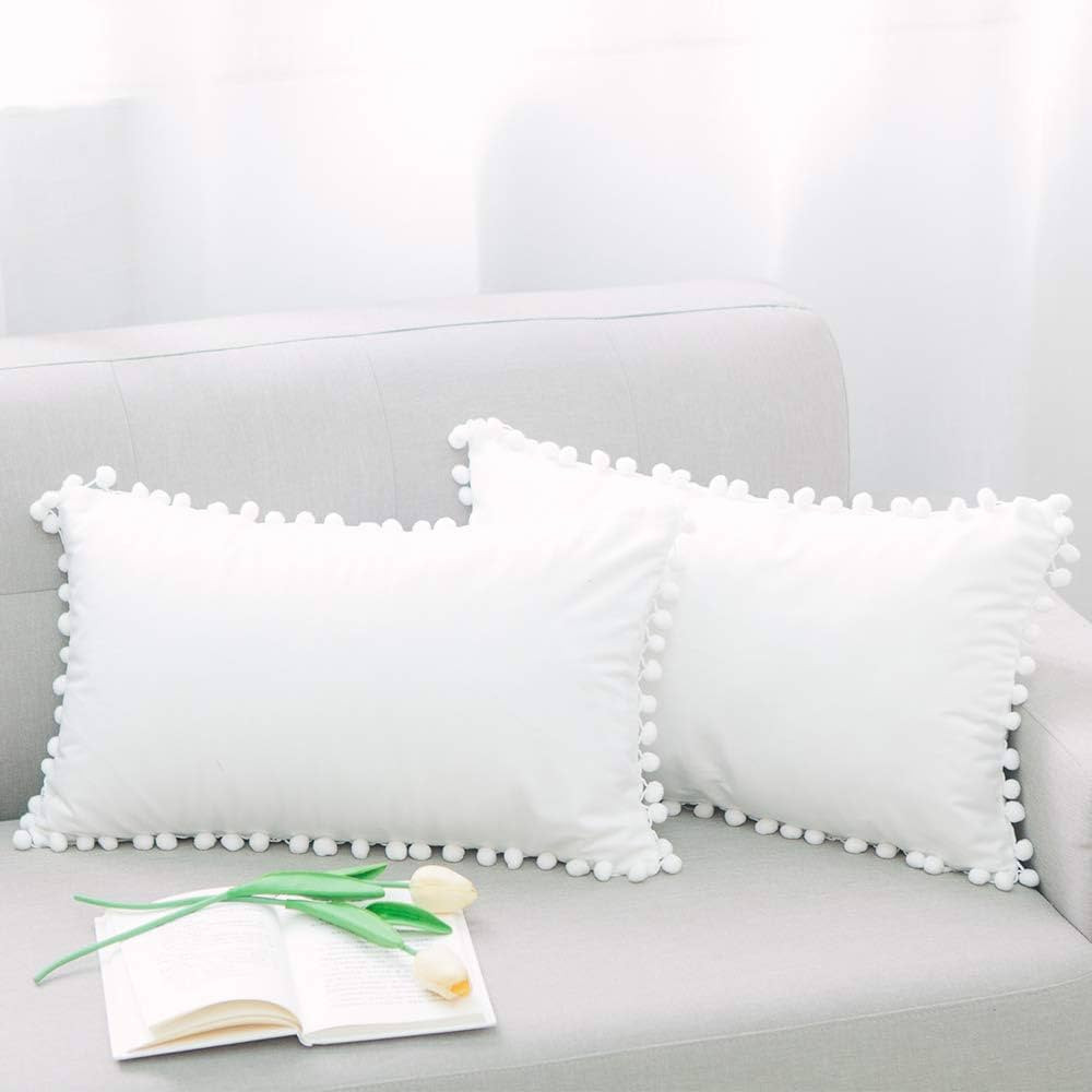 NATUS WEAVER White Velvet Decorative Throw Pillow Covers Pom Poms Soft Solid Square Lumbar Cushio... | Amazon (US)