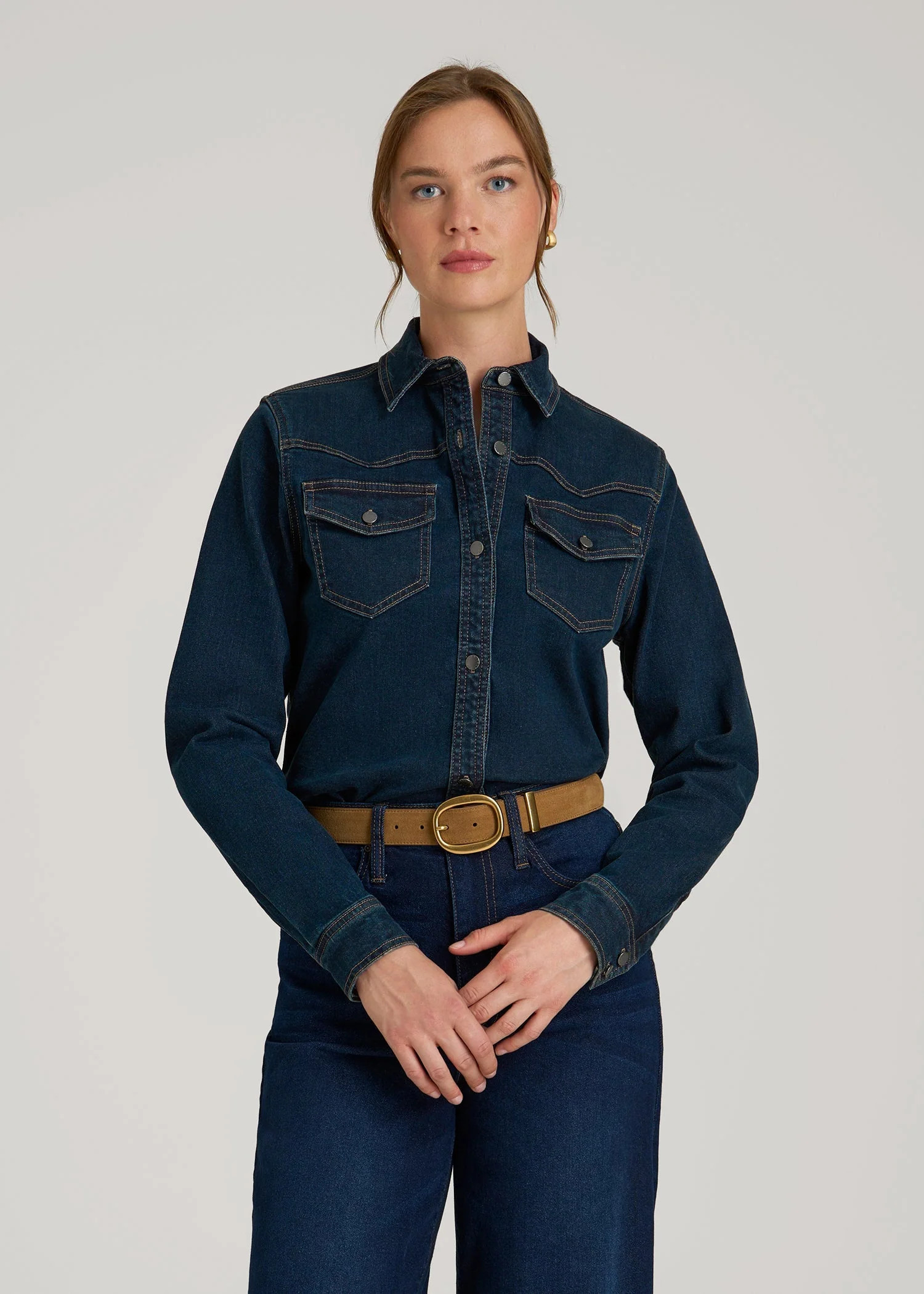 Western Denim Shirt for Tall Women in Indigo Dusk | American Tall