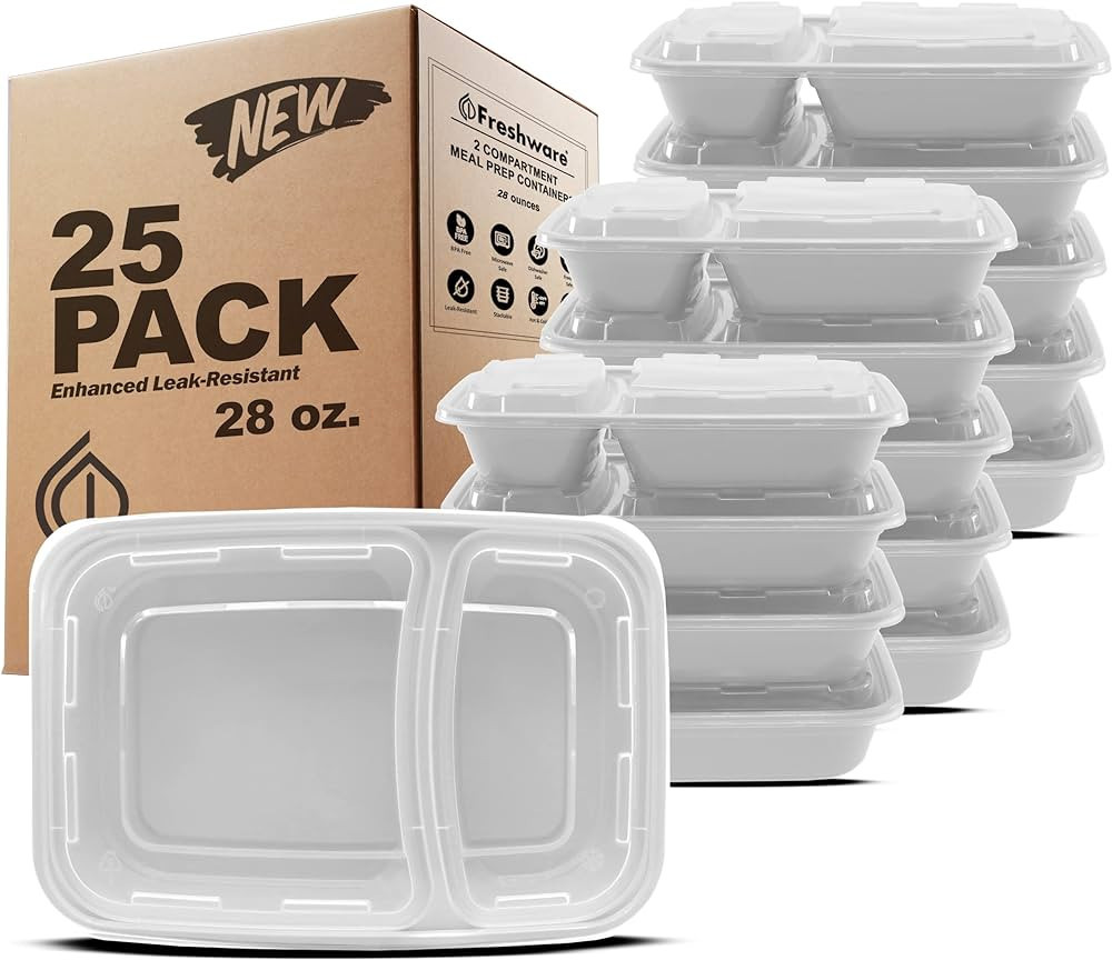 Freshware Meal Prep Containers [25 Pack] 2 Compartment with Lids, Food Storage Containers, Bento ... | Amazon (US)