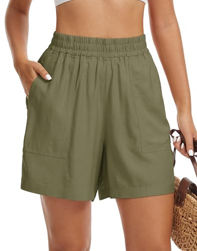H Hellisal Linen Shorts for Women High Elastic Waist Summer Drawstring Loose Fit Linen Beach Pants with Pockets Army Green | Amazon (US)