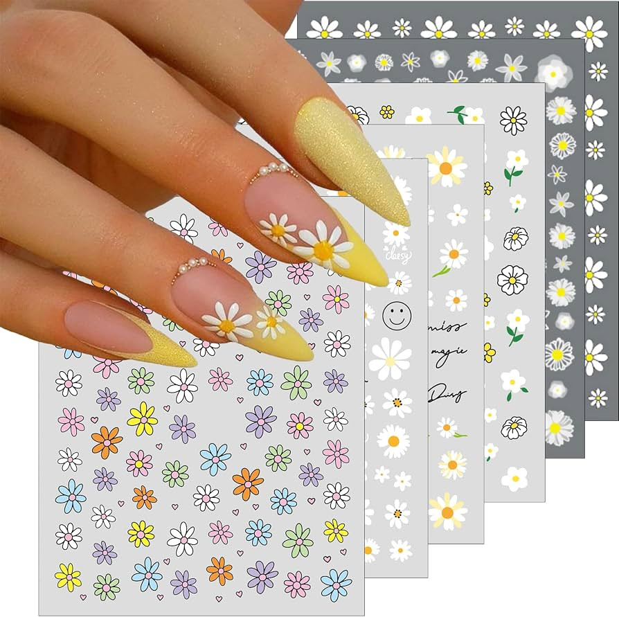 6 Sheets Daisy Nail Art Stickers, Charming Flower Chrysanthemum 3D Trendy Design Self-Adhesive Sp... | Amazon (US)