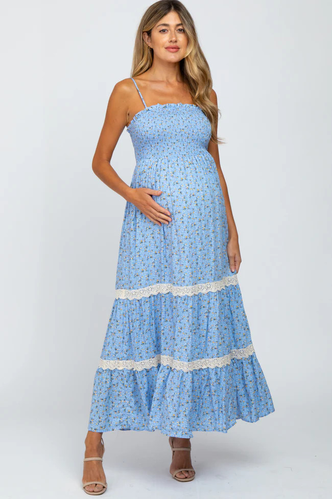 Light Blue Floral Smocked Crochet Accent Maternity Maxi Dress | PinkBlush Maternity