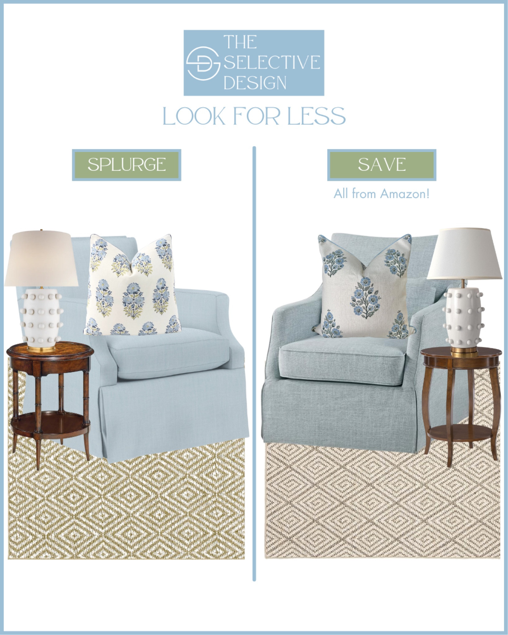 Living room decor look for Less Amazon edition! 

Timeless living room decor, southern decor, southern traditional, Grandmillennial decor, sisal rug, jute rug, neutral rug, kid friendly rug, living room rug, brown rug, natural rug, spot the dupe, affordable home decor, Amazon home decor, classic home decor, traditional home decor, bedroom home decor, blue chair, accent chair, wood side table, white lamp, blue and white pillow, floral pillow, affordable throw pillow, Amazon pillow, timeless living room decor 

#LTKFindsUnder50 #LTKHome #LTKFindsUnder100