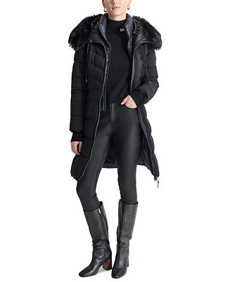 DKNY Women's Bibbed Faux-Fur-Trim Hooded Puffer Coat - Macy's | Macy's