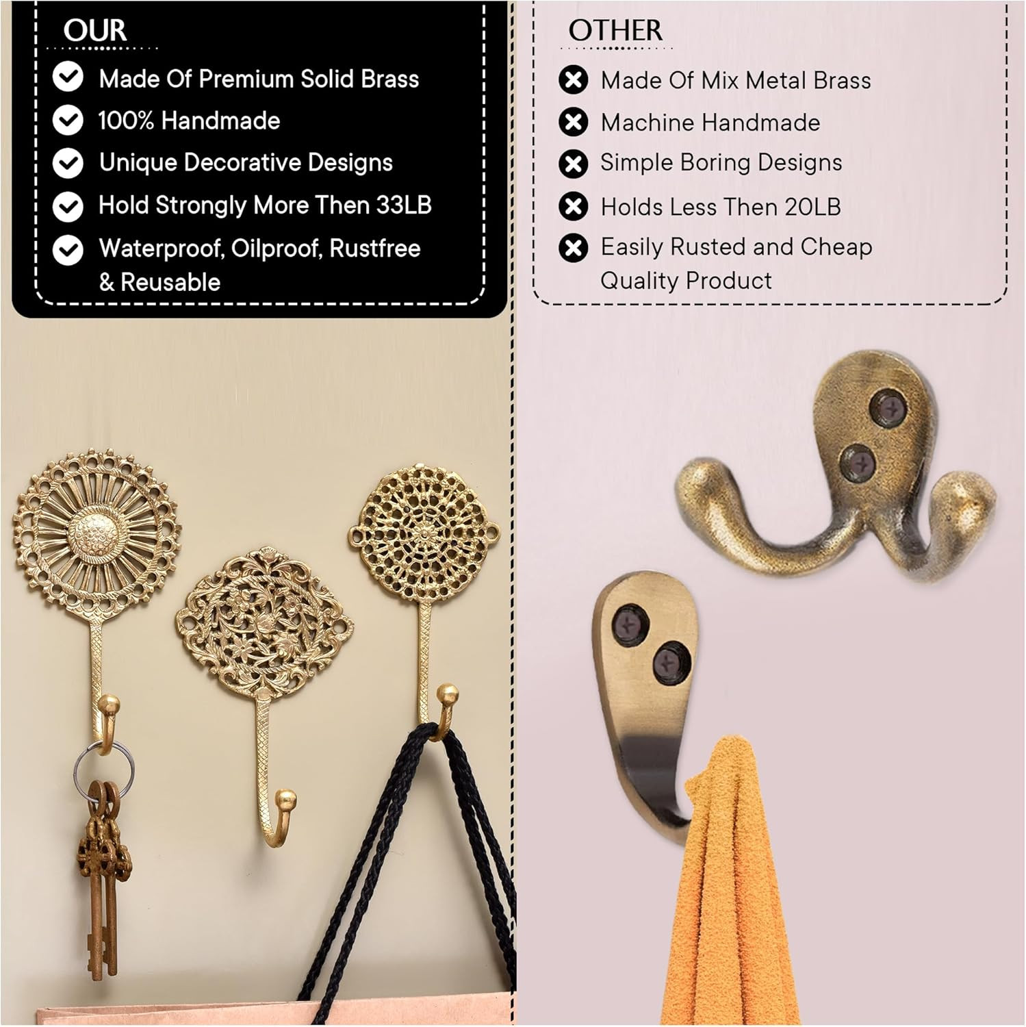 Indian Shelf 3 Boho Wall Hooks Decorative Wall Hooks Brass Wall Hooks Shabby Chic Key Hooks Holde... | Amazon (US)