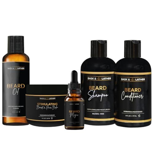 Bask & Lather Healthy Hair and Beard Care Kit for Men Includes Beard Oil, Beard Shampoo and Beard Conditioner, Beard Magic, and Stimulating Hair Balm, 5 Product All-In-One Starter Grooming Kit, Black | Amazon (US)