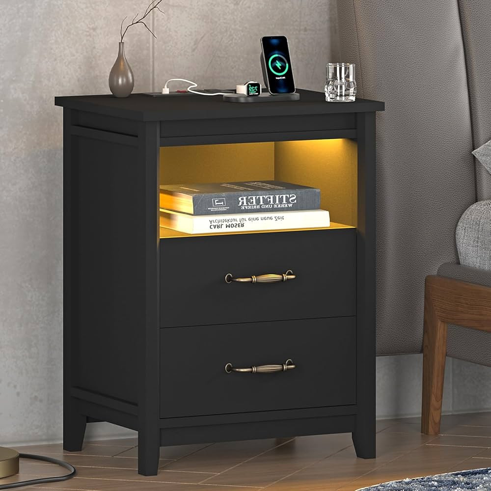 IKENO Nightstand with LED Lights and Charging Station, 2 Drawers End Table Bedside Table for Bedroom | Amazon (US)