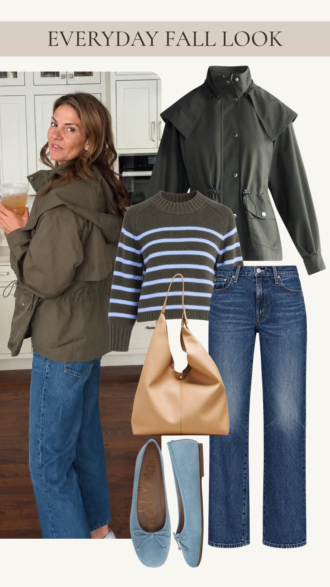 An easy everyday fall outfit with a utility jacket, striped sweater, straight-leg jeans, and ballet flats. I love how the olive and soft blue colors make this feel seasonal without being too dressed up.

#LTKootd #LTKgrwm #LTKOver40